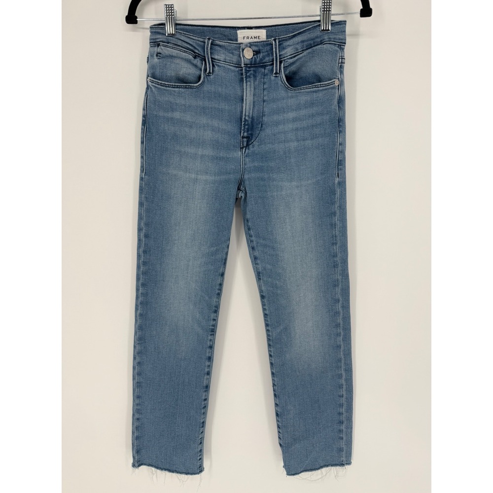 FRAME LE HIGH STRAIGHT JEANS SIZE 27 MEDIUM WASH RAW HEM DISTRESSED DENIM